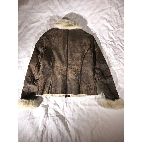 Express Women's Brown Distressed Leather Faux Fur Bomber Aviator Chore Jacket - Picture 3 of 9
